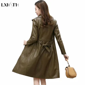 

LXMSTH Spring Autumn Slim Long Leather Coat Women With Belt Plus Size Coats for Woman Trench Mother Casual PU Leather Jacket 5XL