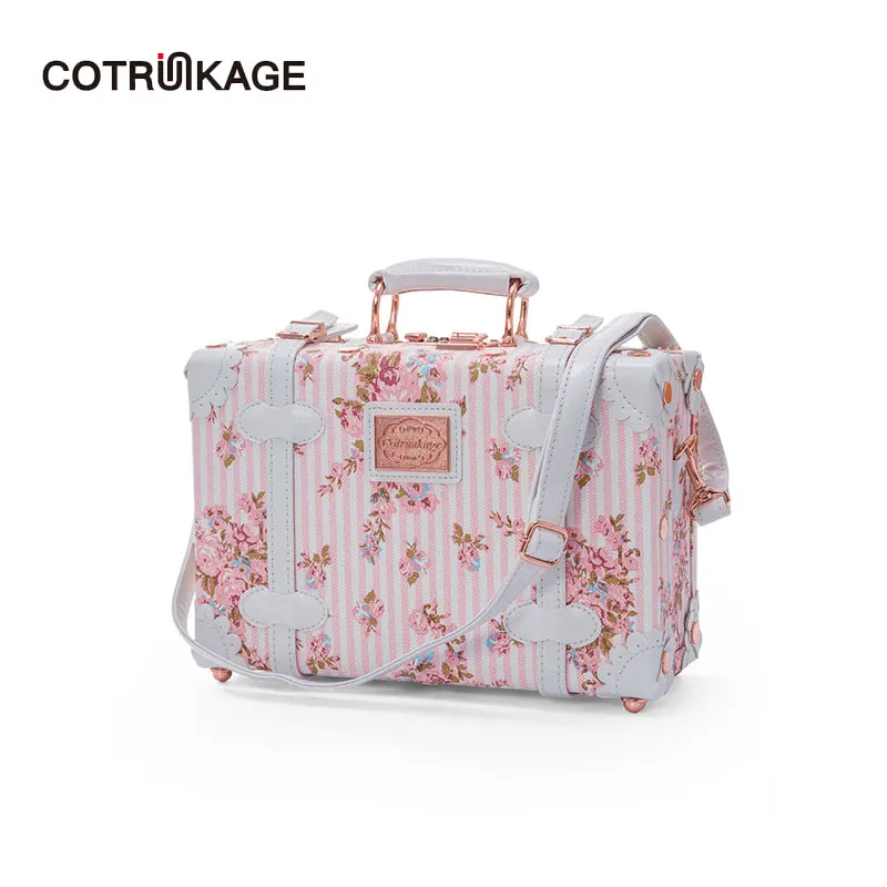 

COTRUNKAGE Floral 13 Inch Pu Leather Carry On Suitcase Bag Pink Cosmetic Case for Girls Decorative Box with Straps for Women