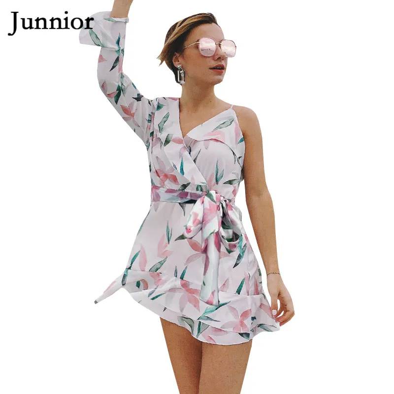 Junnior Asymmetrical Sleeve Chiffon Dress for Women Mini Floral Beach Wear V-neck High Waist Holiday Boho Dresses Modis Mujer | Женская