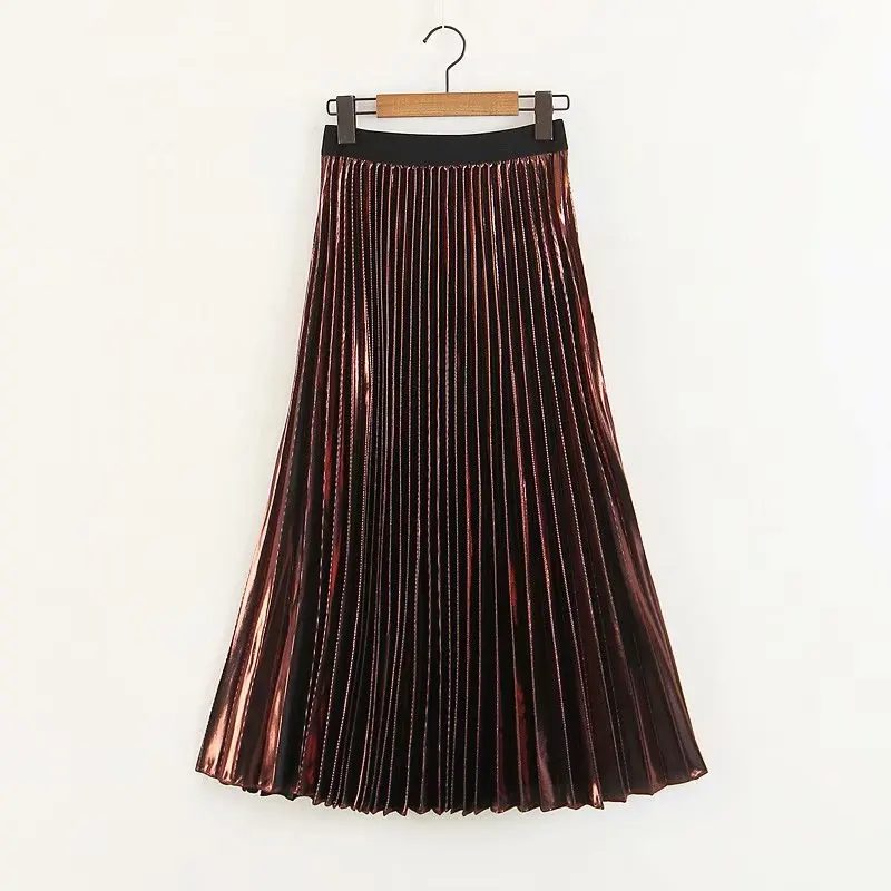 Новое поступление, женские модные длинные плиссированные юбки длиной до щиколотки, Женская весенне-летняя Осенняя винтажная высокая талия, серебристая черная юбка