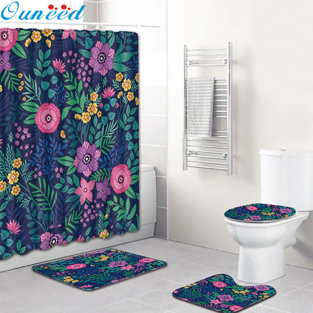 

Ouneed 4PCS Flowers prints Bathroom Shower Curtains set Multi-styles Non Slip pattern Toilet Shower curtains Cover Mat sets 2019