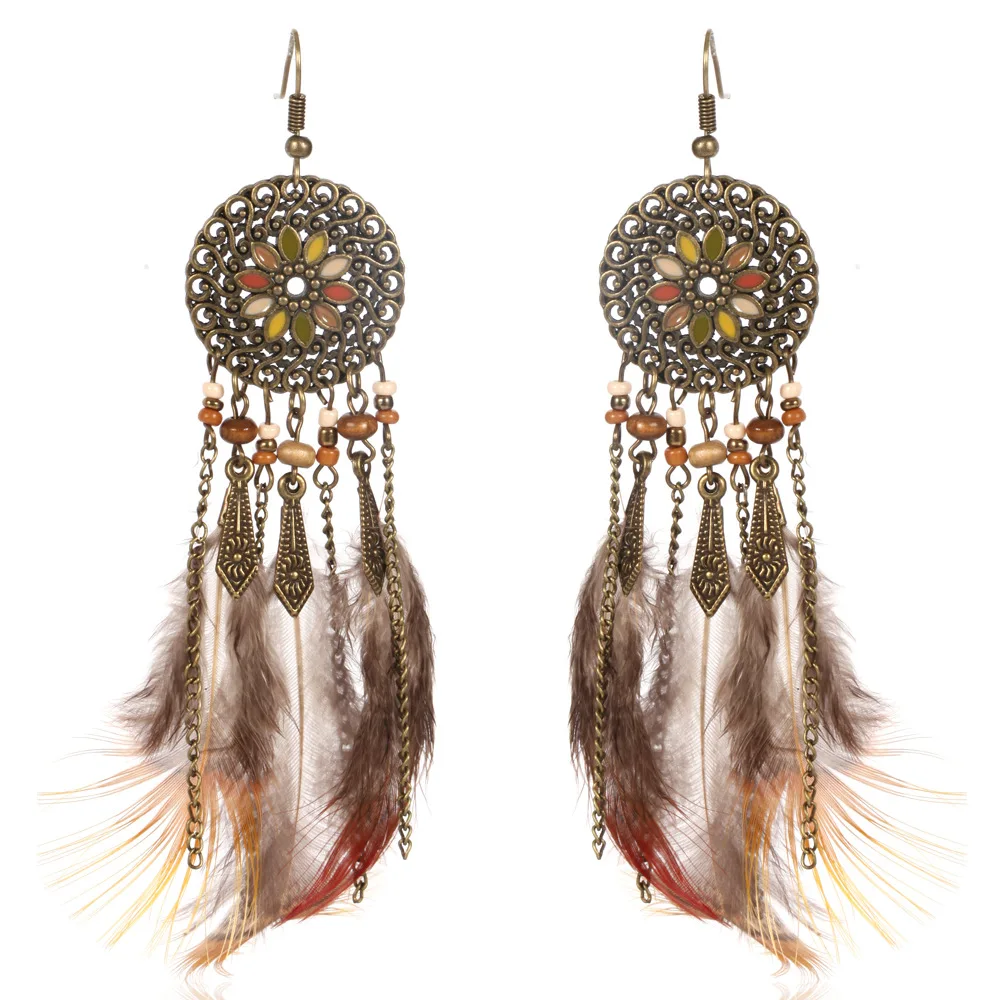 

MJARTORIA 1Pair Bronze Feather Tassel Earrings Hollow Round Bohemia Long Earrings For Women Fashion Charm Drop Earrings Jewelry