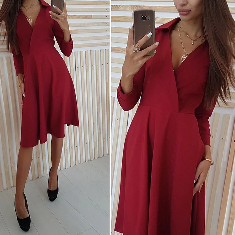 HEE-GRAND-Women-Deep-V-Neck-Autumn-Dress-2019-Elegant-Solid-Long-Sleeve-Slim-A-Line (1)