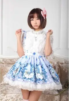 

Sweet Light Sky Blue Star and Flying Horse Printed Pleated A line Lolita Skirt with Lace Trimming