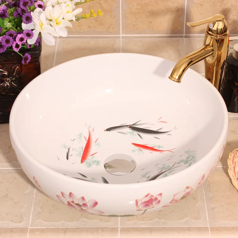 

Beautiful China Hand Painted Lotus And Fish Design Porcelain Bathroom Basin Sink