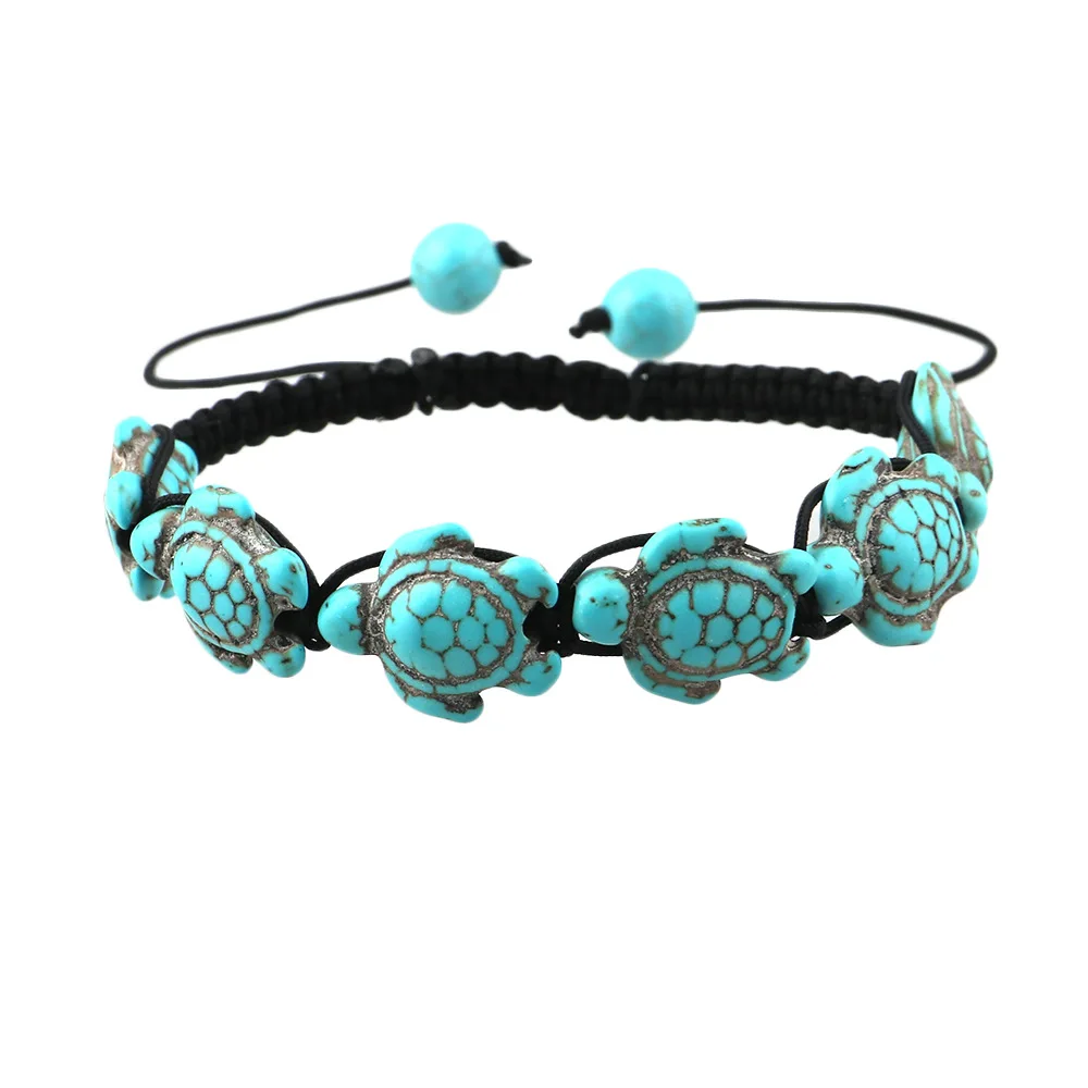 

Men Women's Handmade Adjustable Sea Turtle Charm Bracelet Green Howlite Stone Turtle Braiding Macrame Bracelet Jewelry
