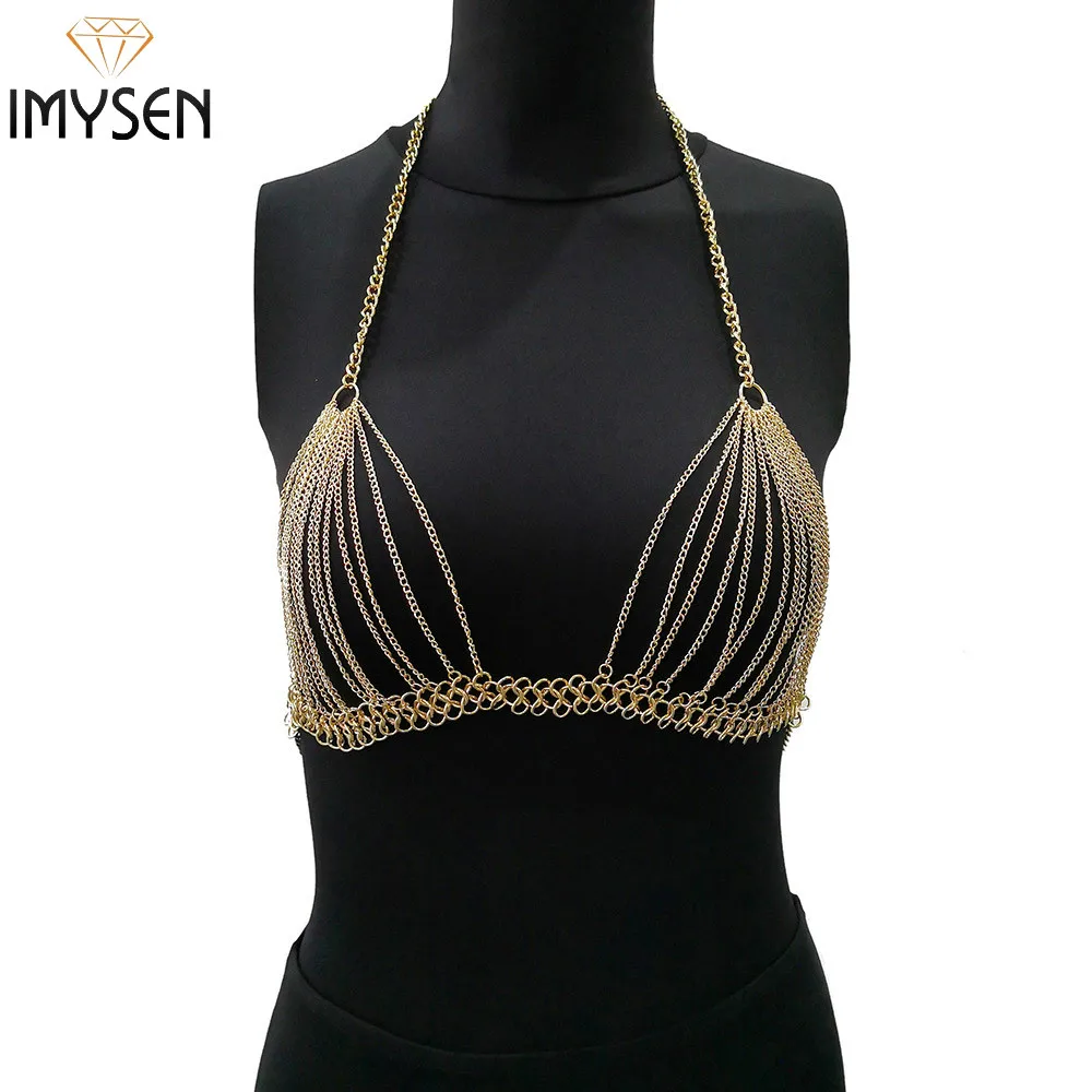 IMYSEN 2018 New Sexy Body Chain Halter Bra Chain Tops Golden Silver