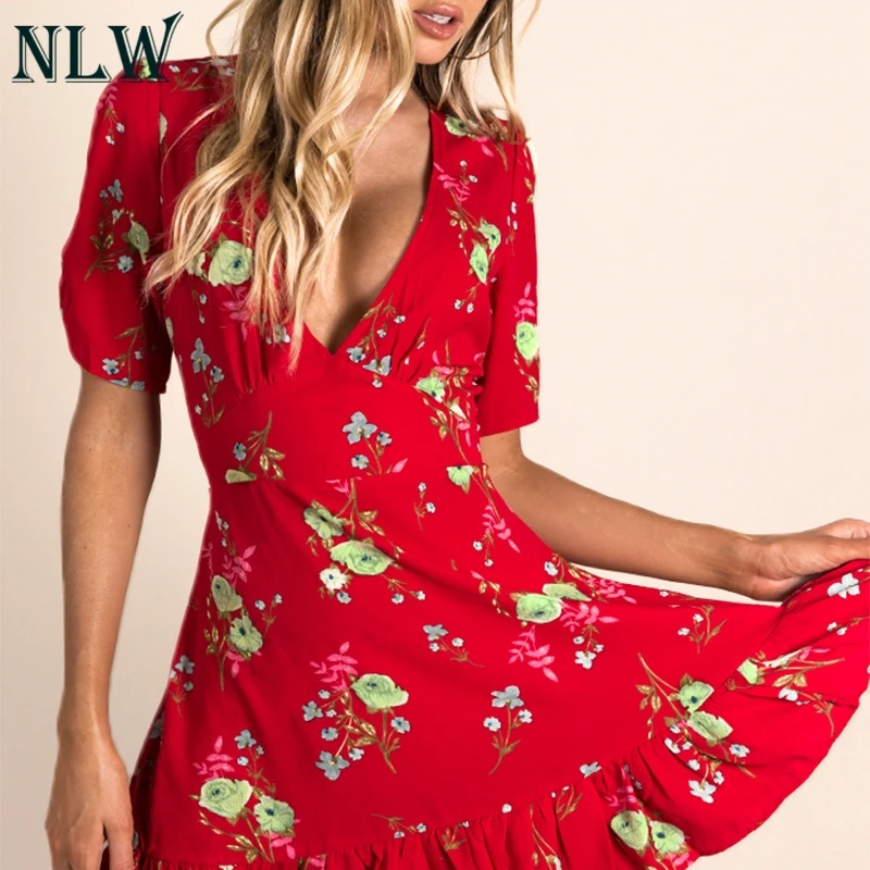 NLW Boho Chic короткое платье красный черный цветочный принт V Ruffle Peplum Hem летнее женское