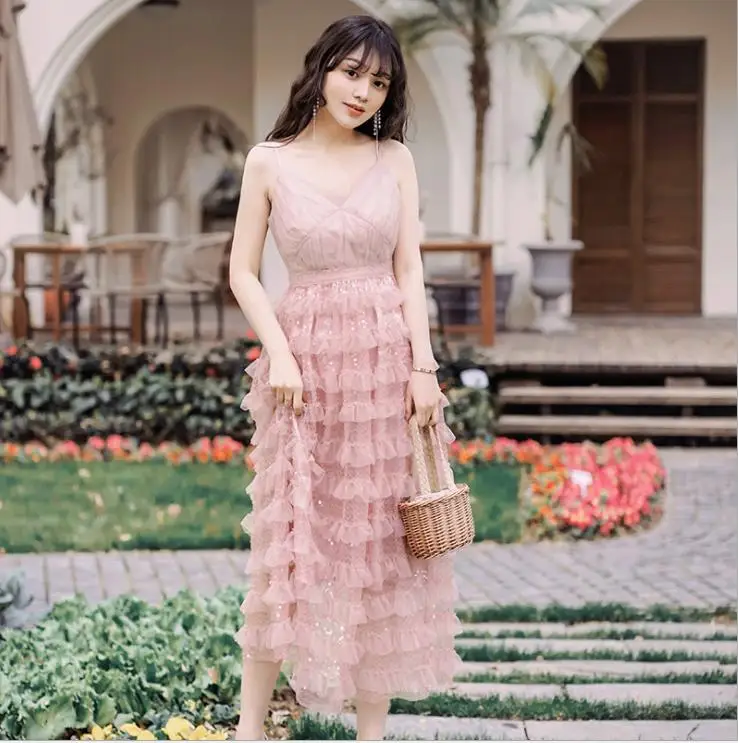 

Vintage Elegant Pink Spaghetti Strap Midi Dress V-Neck Summer Women Dresses Robe Femme Vestidos