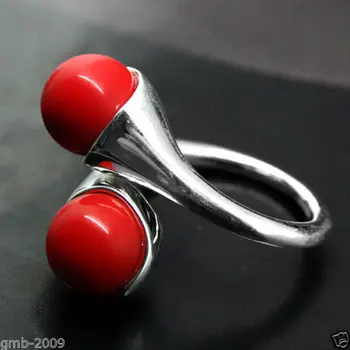 

Free Shipping 6MM RED CORAL 925 STERLING SILVER RING SIZE ADJUSTABLE