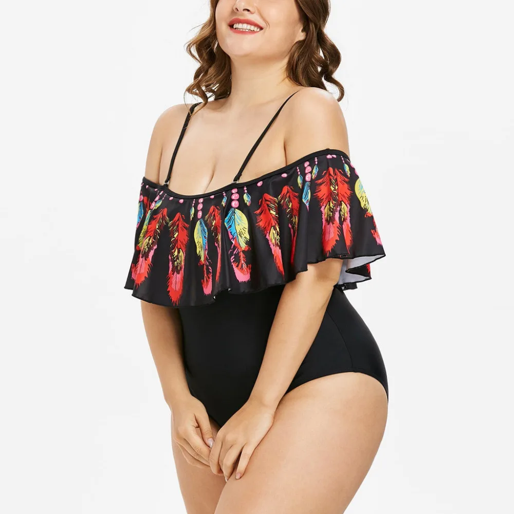 2019 Women's plus-size sexy summer bikinis set  feather print one-piece ruffled swimsuit push up bikinis mujer brasile a 40J8 (5)