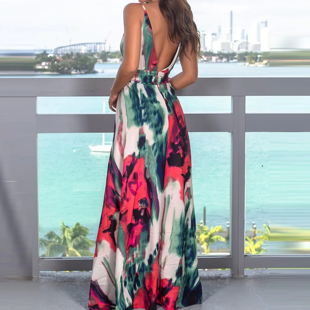 Свободное женское платье с v-образным вырезом и разрезом сзади, Пляжное Платье До Колена без рукавов, элегантное изящное длинное летнее платье