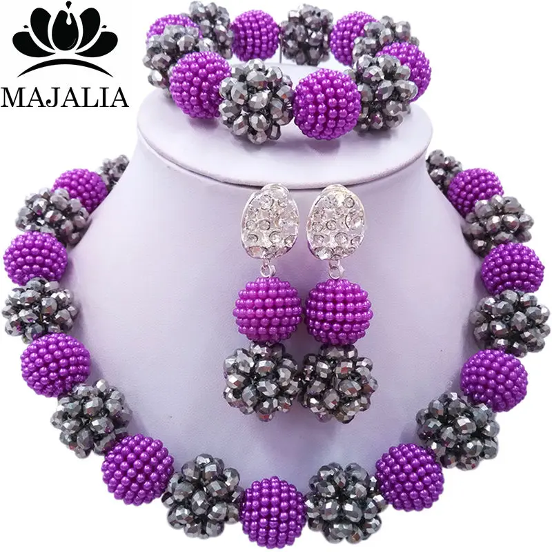 

Majalia Fashion Nigeria Wedding African Beads Jewelry Set Silver Crystal Plastic Pearl Necklace Bridal Jewelry Sets 1ZS026