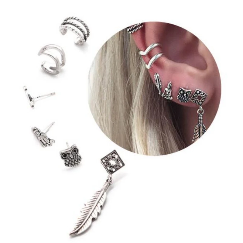 Vintage Leaves Owl Earring Cuff Plugs Charm 6pcs/set Stud Ears Feather