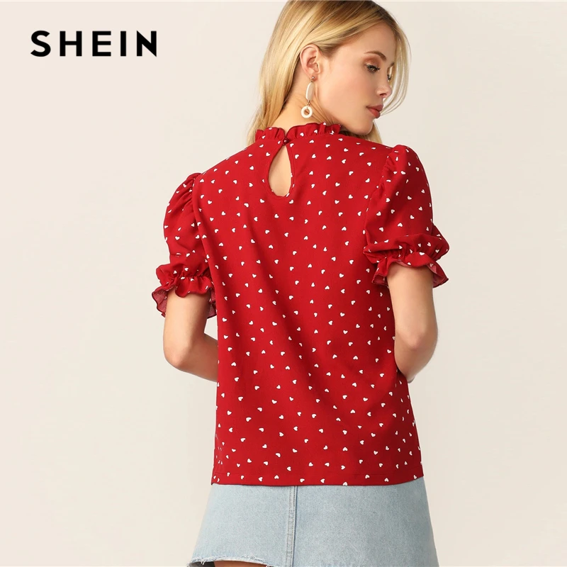 Beste SHEIN Frilled Hals Bladerdeeg Mouw Confetti Hart Print Top Rood Stand Kraag Korte Mouw Blouse Elegante Vrouwen Zomer Blouses
