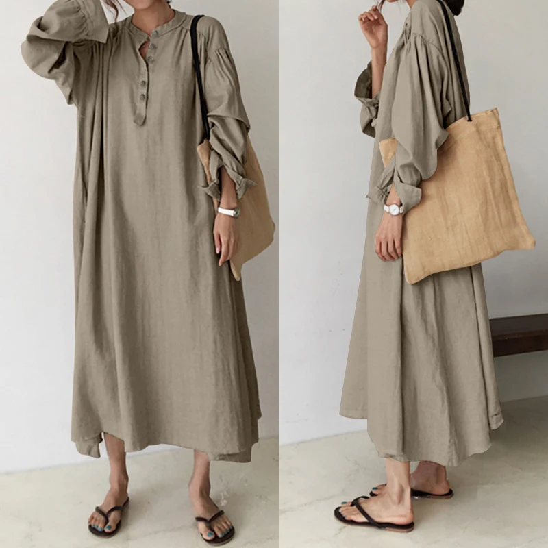 

Oversized Women Long Sleeve Pleated Maxi Dress Celmia Autumn Casual Sexy O-Neck Loose Button Solid Dress Holiday Robe Vestidos