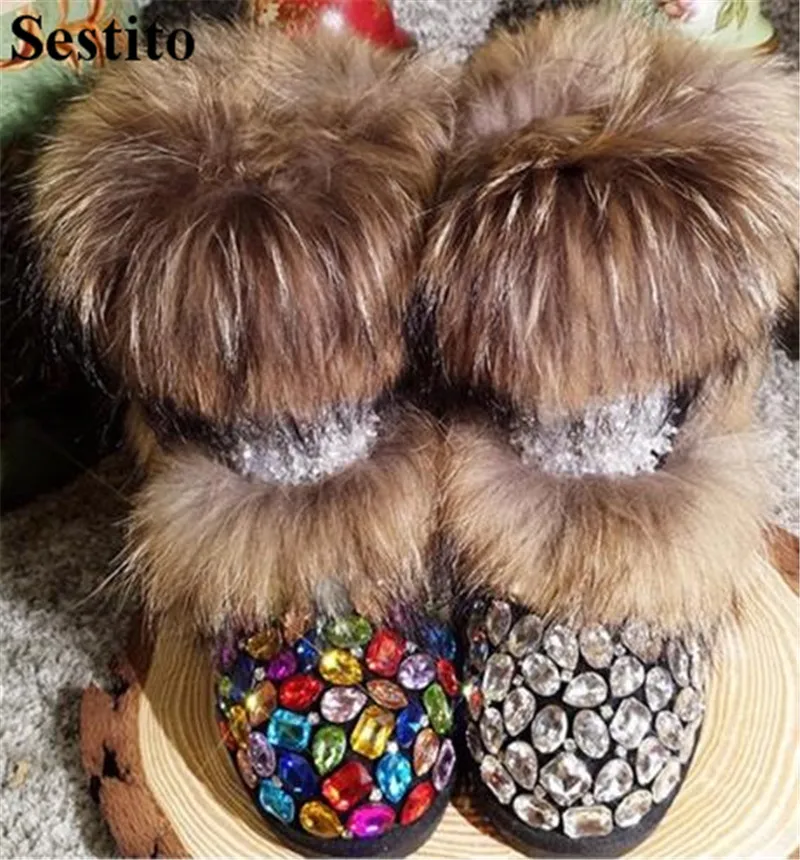 

New Fashion Colorful Crystal Black Keep Warm Woman Boots Round Toe Mid-Calf Boots For Women Flat With Slip-on Winter Women Shoes