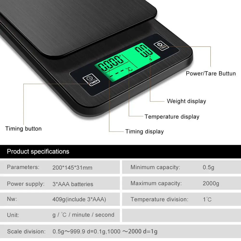 Yieryi портативные кофейные весы 2 кг/1 г 1кг/0,1 г с таймером электронные цифровые кухонные весы высокой точности с жк-дисплеем электронные весы