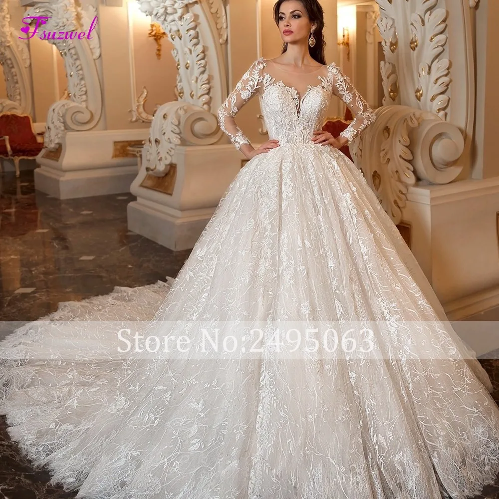 Fsuzwel Gorgeous Appliques Chapel Train Lace Ball Gown Wedding Dress 2022 Sexy Scoop Neck Long Sleeve Beaded Princess Bride Gown bridal shower dress