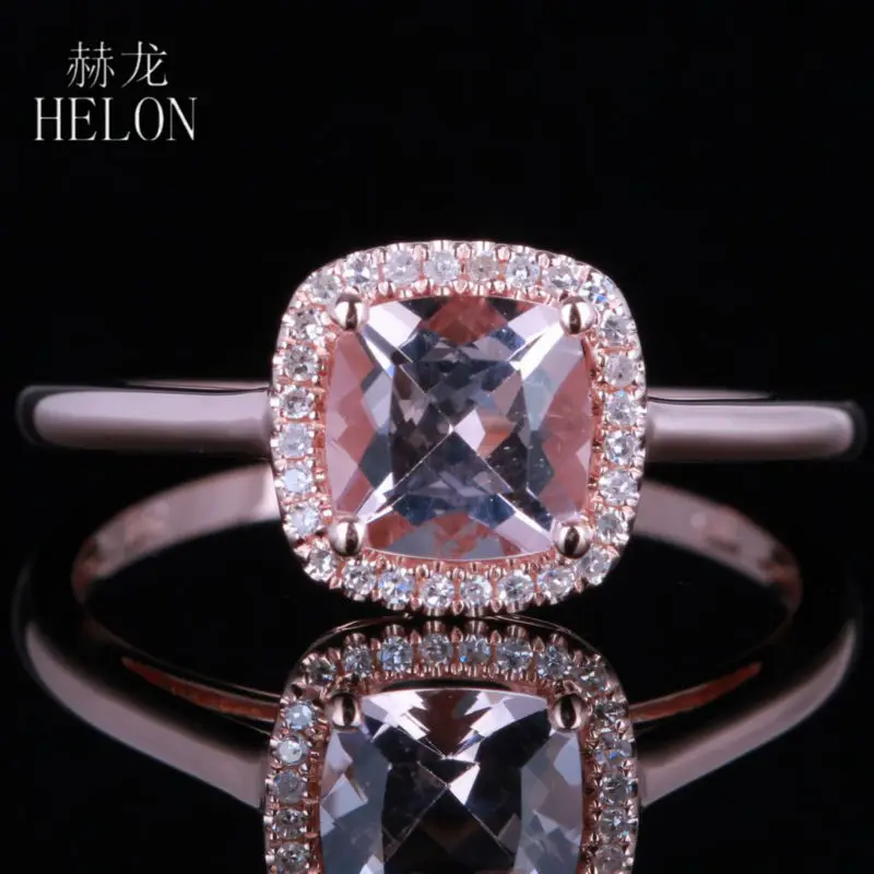 

HELON 6mm Cushion 0.82ct Morganite Pave Natural Diamonds Engagement Wedding Halo Ring Solid 14K Rose Gold Women's Jewelry Ring