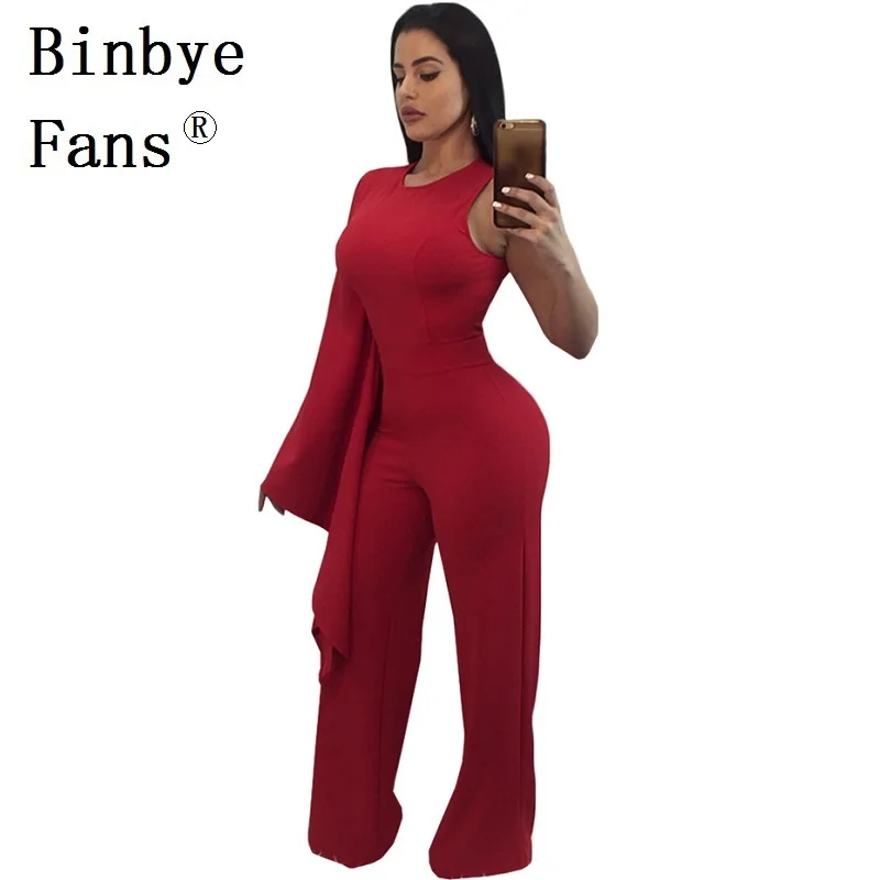 Binbye Fans One-Shoulder Sexy Jumpsuit Flare Sleeve Back Zipper Wide Leg Overalls Full Bodysuit Elegant Party Jumpsuits CH340 | Женская