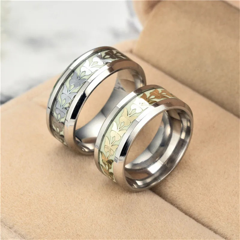 Modyle Green Glow in the Dark Stainless Steel Butterfly Wedding Band Luminous Ring for Woman Man