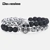 Skull Charm Bracelets for Men Stainless Steel Double Layered Wheat Link Black Lava Beaded Halloween Male Jewelry 8/10mm DDB183 ► Photo 2/6