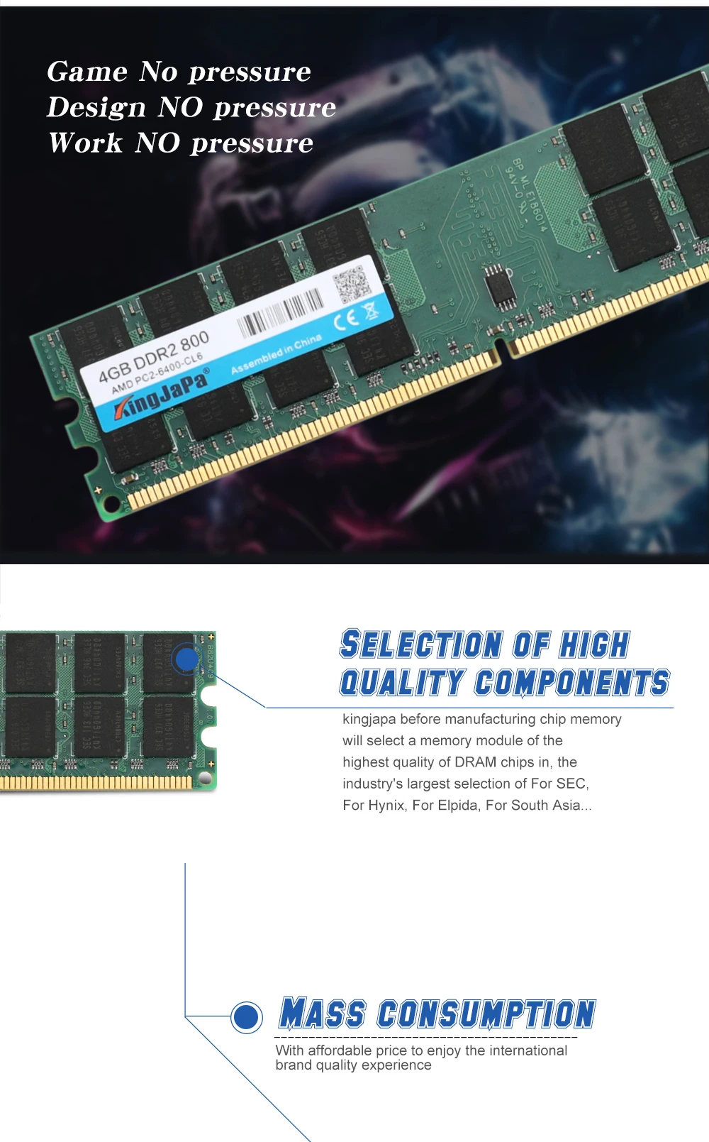 Kingjapa DDR2 4 ГБ ОЗУ 800 МГц PC2-6400 Настольный ПК Память DIMM ram для системы AMD Высокая совместимость 240 контактов