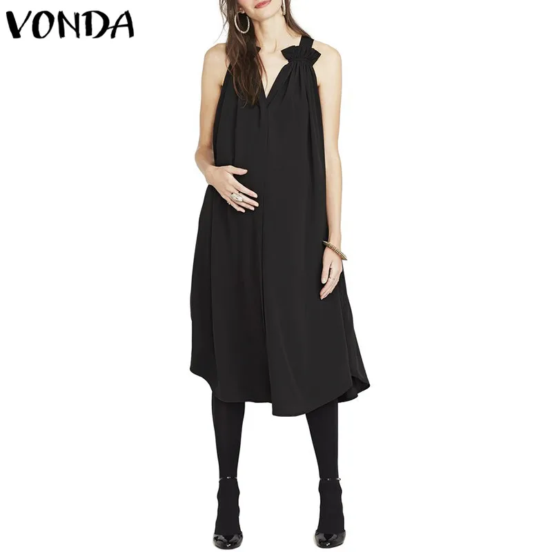 VONDA средства ухода за кожей для будущих мам одежда летнее платье для беременных женщин, ежедневные сексуальное с v-образным вырезом без рукавов однотонные женские ботинки до середины икры; большие Размеры однотонные Vestidos - Цвет: Black