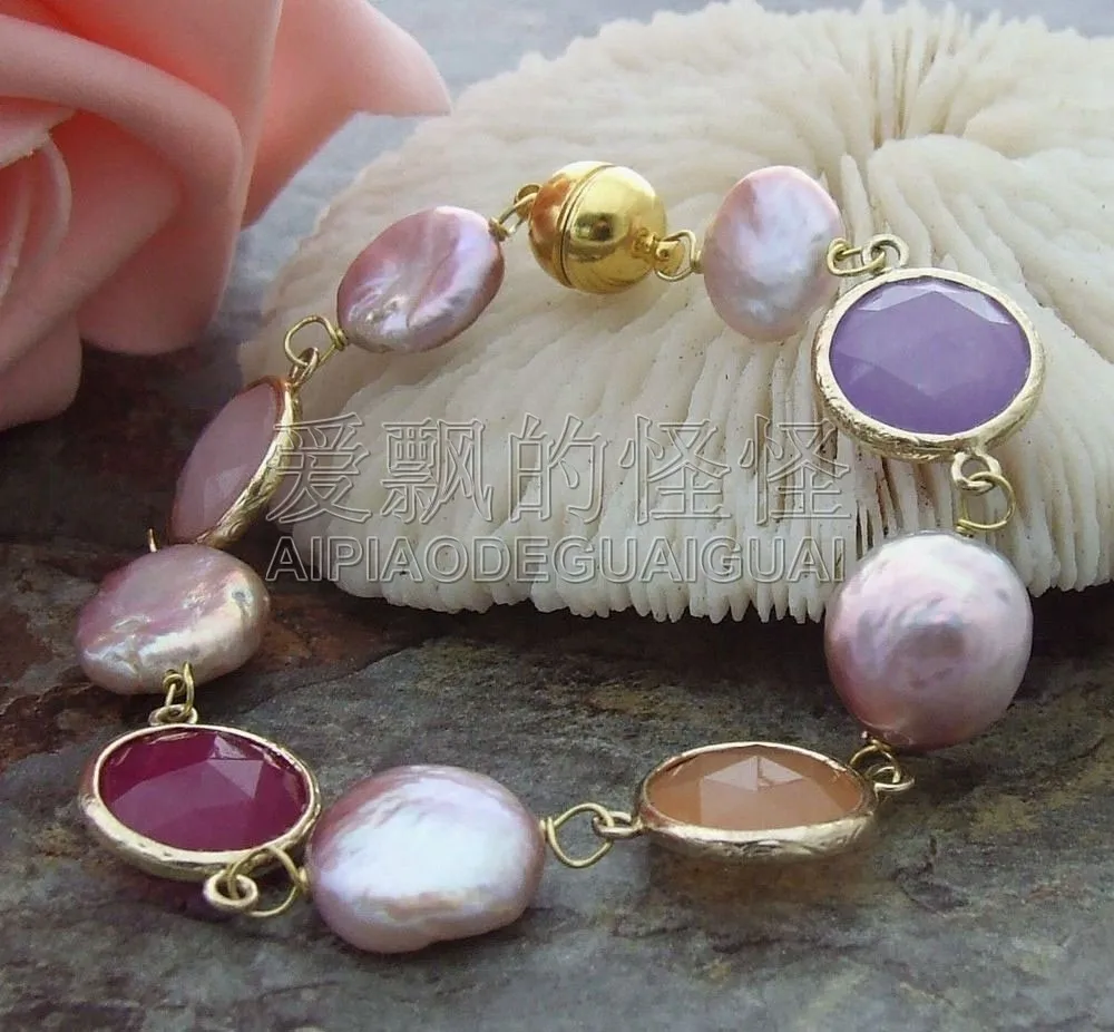 

Women's 8" Purple Coin Keshi Pearl Multi Color Bracelet
