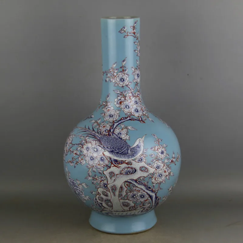 

Qing Dynasty kang xi Antique Chinese Porcelain Vase Jingdezhen Celadon Pastel Collection Handmade Bird Flower Vase