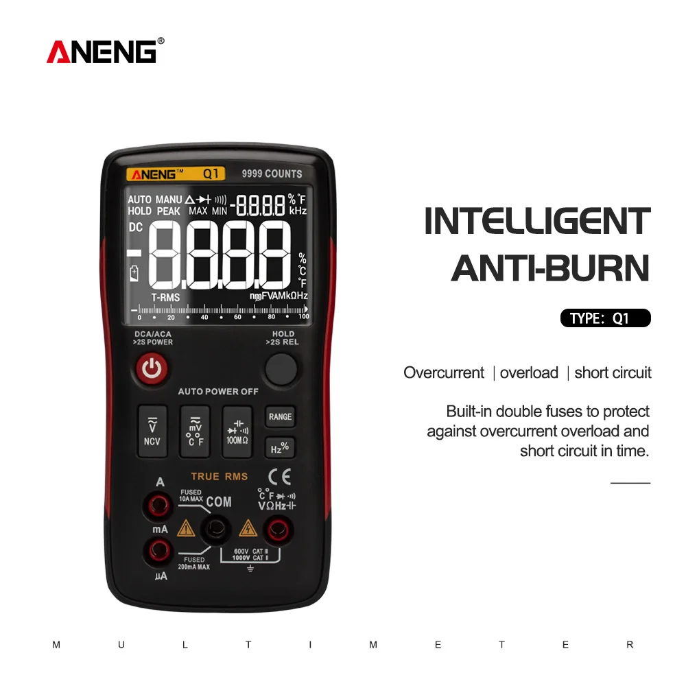Comprar ANENG Q1 polimetro tester digital multimeter profesional multimetro multimeter multímetro Digital de verdadero botón 9999 rm409b probadores de automoción eléctrica comprobador dmm transistor tester