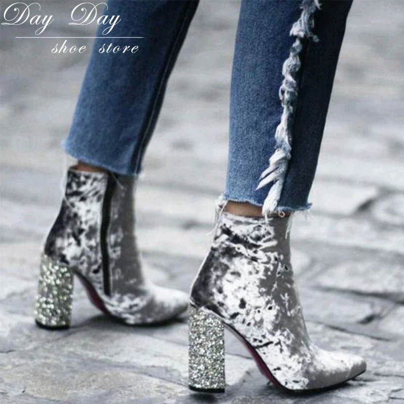 

Booties woman 2019 Sexy Fashion Female shoes Thick shiny High Heels Women's Boots Pointed Toe Mixed Color Winter Boots Women