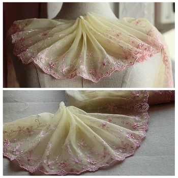

2y/lot 16cm wide Embroidered Tulle Lace trim mesh lace trim ~Yellow + pink ~luxury