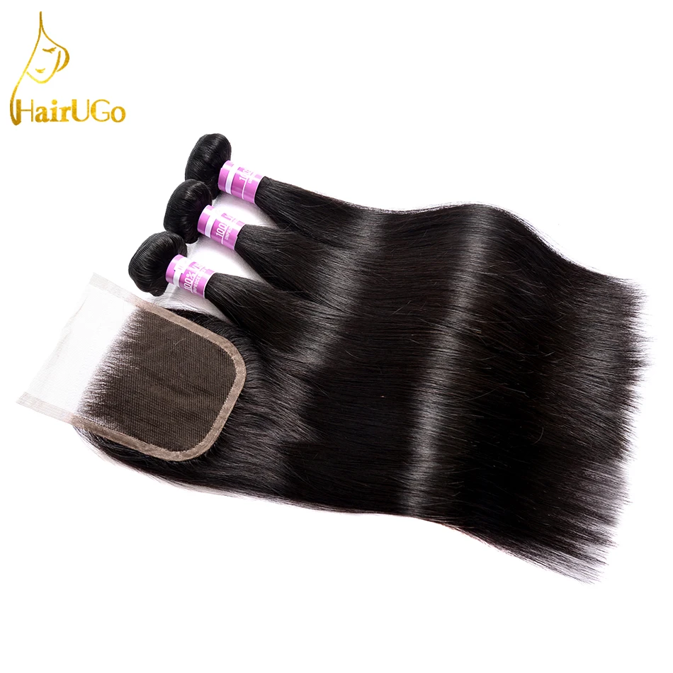 HairUGo перуанский прямые волосы 3 Связки с закрытием двойной уток человеческих волос Ткань пучки 8-28 дюймов натуральный Цвет не Волосы remy
