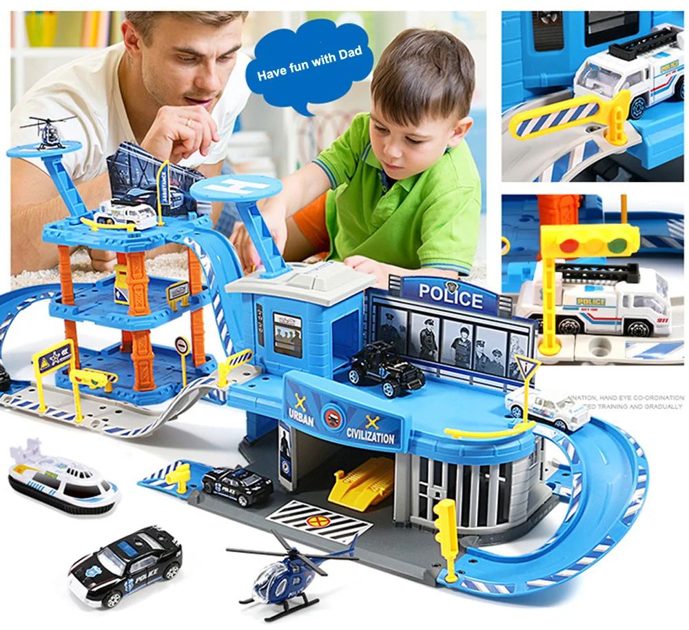 DIY Assemble Racing Track Set Electronic Racing Car Toys Vehicles Car Parking/Fire Adiministration/Police Station Kids Toys