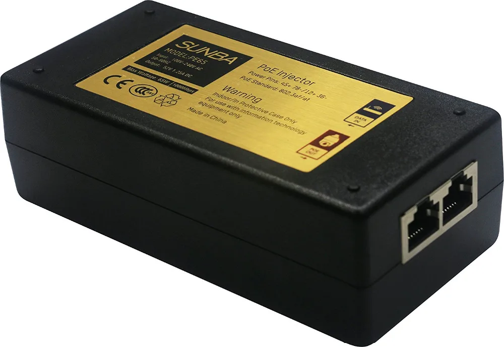 

Sunba High Power Gigabit 52V 65W Single Port 802at/af Compliant PoE+ Injector for IP Cameras