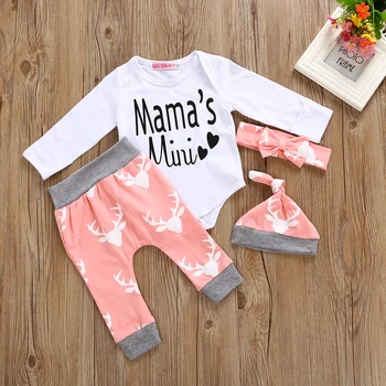 

4pcs set 2019 Newborn Baby Girl Boy Christmas Deer Clothes Romper Tops +long Pants +hat +Headband Autumn Outfits 0-24M