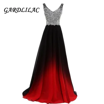 

V-Neck Ombre Evening Dresses Vestido Longo Beaded Prom Dress 2019 Gradient Chiffon Prom Long Elegant Dress For Plus Size Woman