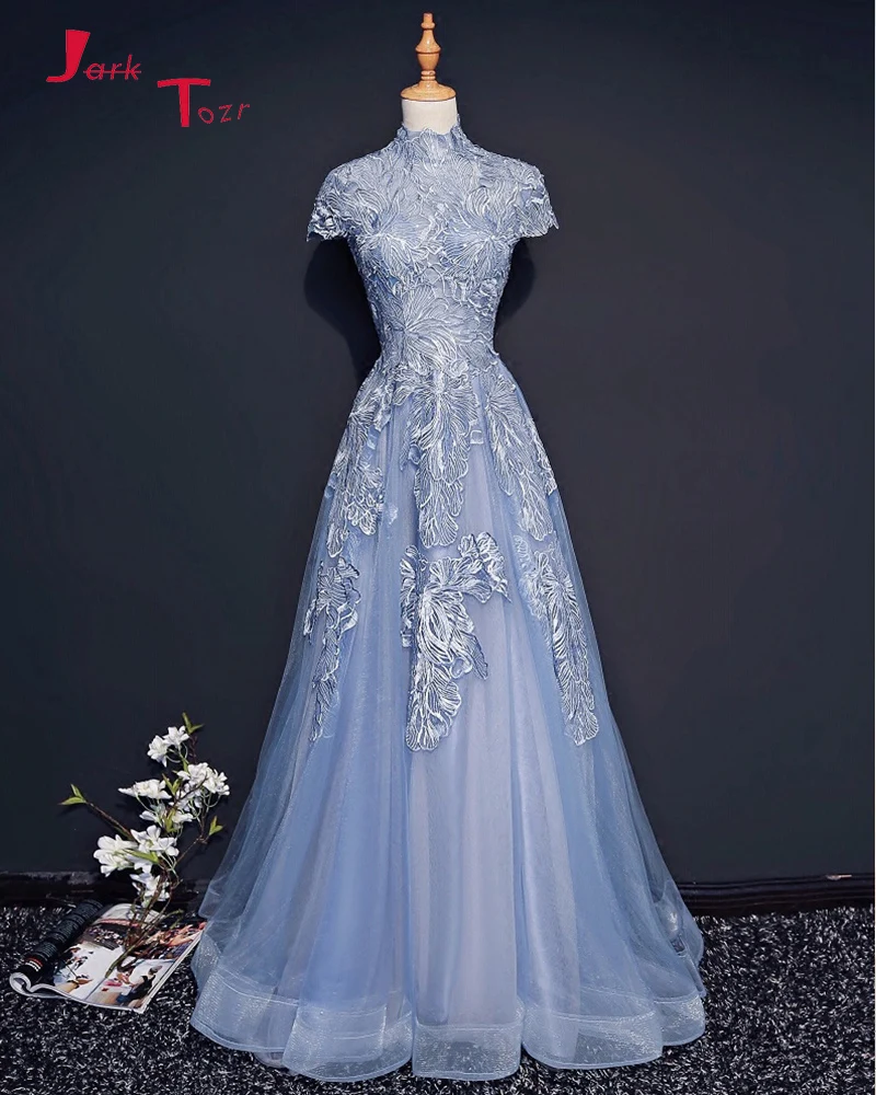 

Jark Tozr Custom Made China Online Shop High Neck Short Sleeve Zipper Up Lace Tulle Formal Evening Dresses 2018 Vestido De Festa