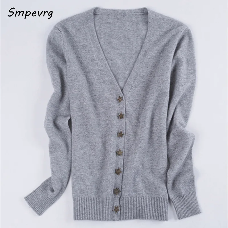 

smpevrg Spring Autumn new Small Star Buckle Cashmere Cardigan Women sexy V-neck Sweater Slim solid full sleeve casual knitted