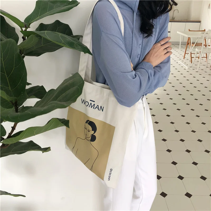 

Women's Canvas Shoulder Bag Painting Printing Ladies Shopping Bag Feminina Simple Ecological Cotton Cloth Handbag Handbag 2019