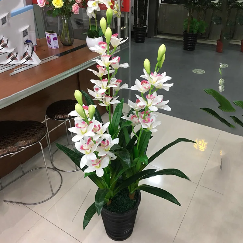 

3 Rods Artificial Plant Orchid Tree Artificial Silk Orchid Flowers Plastic leaves Artificial Tree NO POT Home Garden Decoration