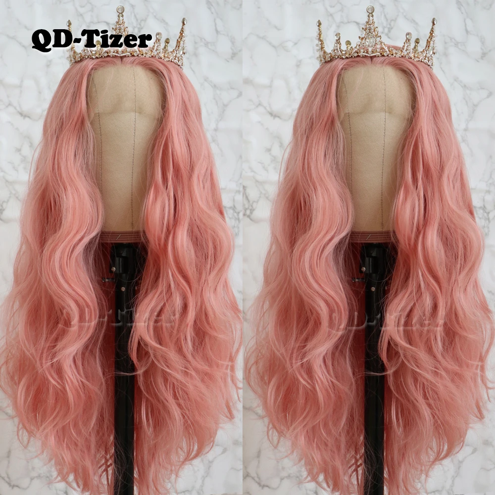 QD-Tizer Long Pink Hair Loose Wave Hair Lace Wigs Free Part Glueless Synthetic Lace Front Wigs for Fashion Women