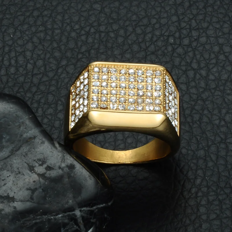 

HIP Hop Titanium Stainless Micro Pave Rhinestone Iced Out Bling Geometric Ring IP Gold Filled Steel Rings for Men Jewelry