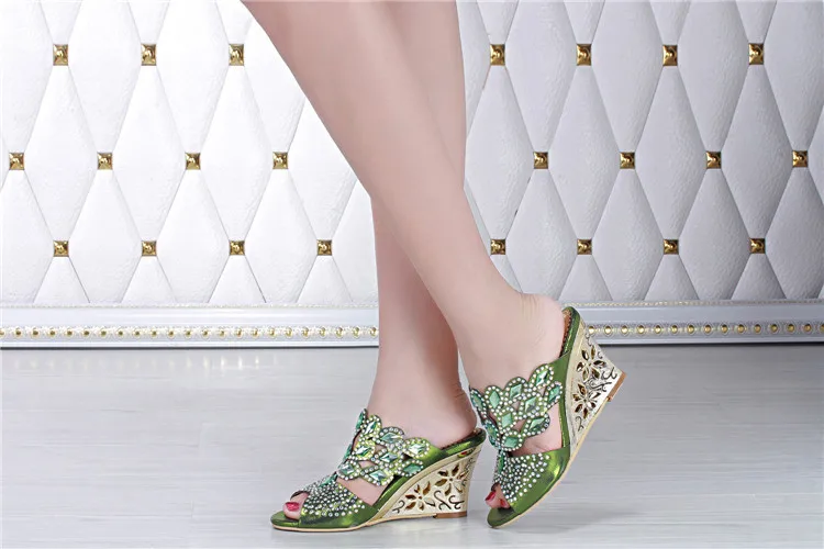 2017 New Green Large Size Open-toe Womens Shoes Leather 40 44 Wedge Heel Slippers Heels Sandals Party & Evening High Quality-0