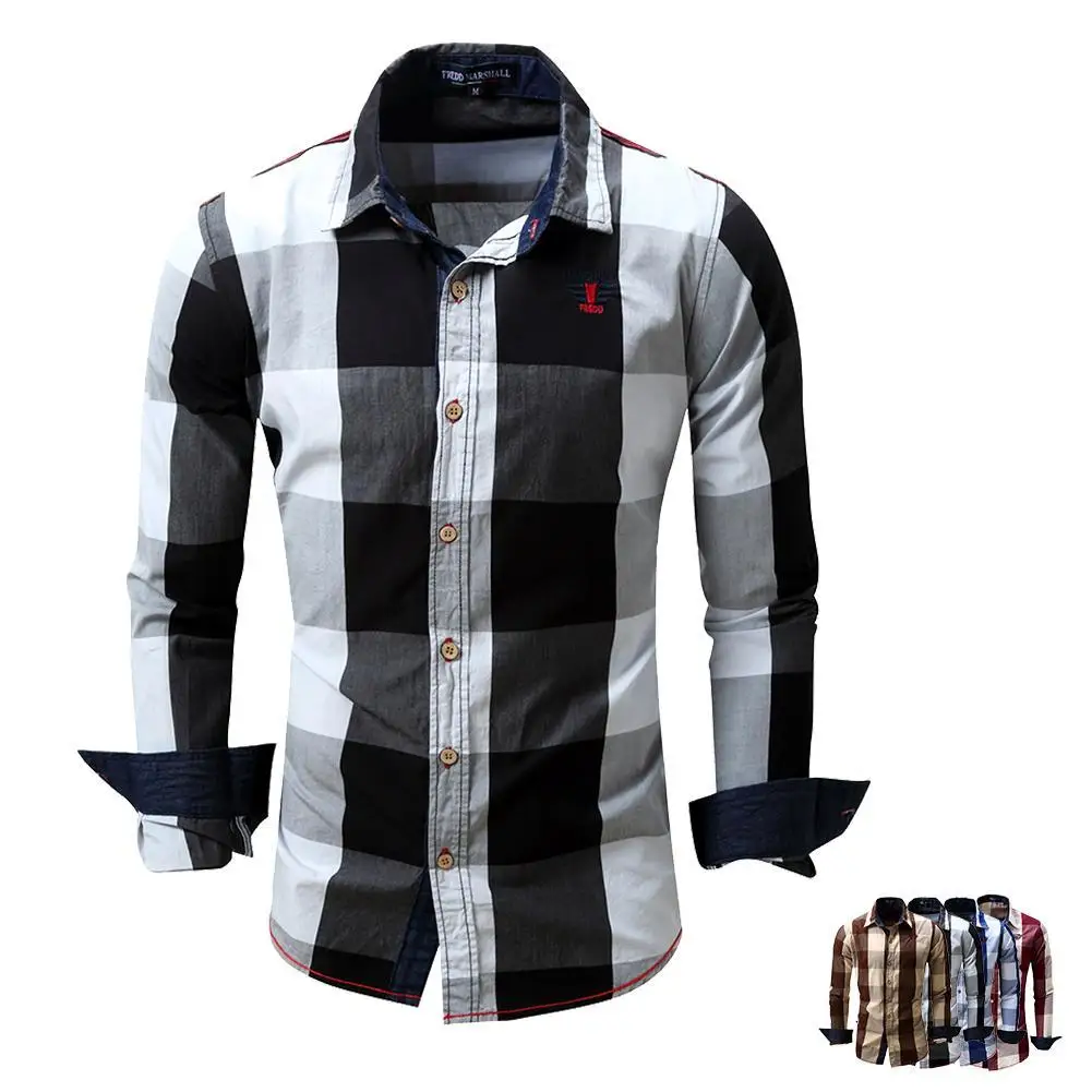 

Men's Slim Fit Casual Button Cowboy Dress shirt Long Sleeve Plaid Shirts 100% Cotton