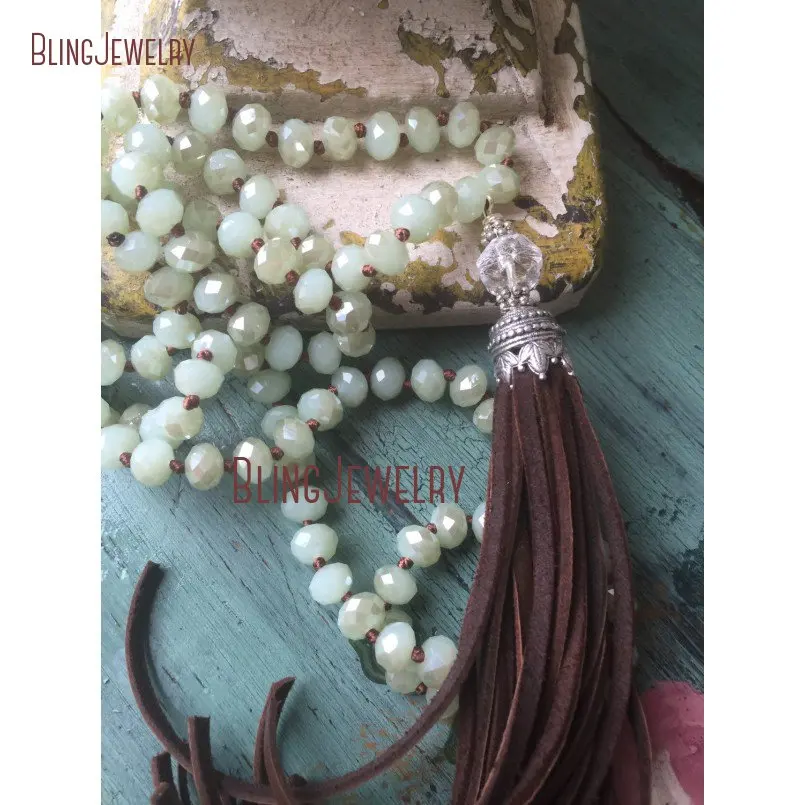 

Knot Lime Green Crystals Beads Necklace Brown Leather Fringe Tassel NM15520