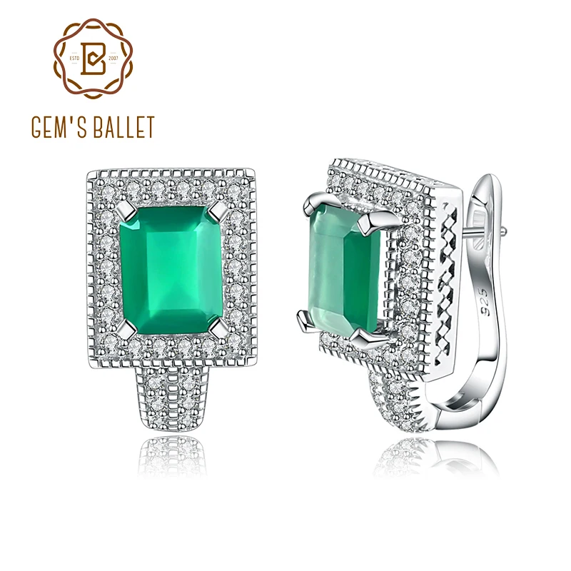 Gem's Ballet 4.10Ct изумрудная огранка натуральный зеленый агат, натуральный камень, Винтажные серьги-гвоздики, 925 пробы серебро, хорошее ювелирное изделие для женщин