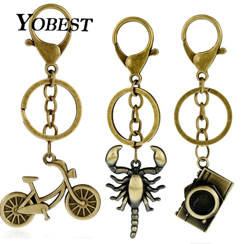 

YOBEST Vintage Men Adjustable Bicycle Crab Camera Clock Keychain Copper Alloy Genuine Leather Key Chains Hand Made